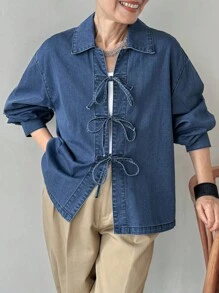 FRIFUL 休闲长袖牛仔衬衫，前部打结，常规长度，牛仔夹克，秋季女装领带前衬衫女式牛仔上衣牛仔衬衫女式领带前牛仔衬衫 - 藍色 - 查看 7