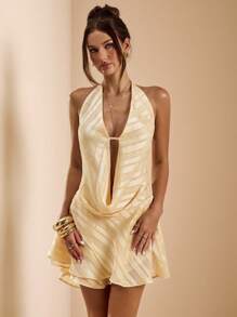 SHEIN BAE 奶油黄色紧身露背垂坠领 A 字迷你连衣裙，性感露背连衣裙，露背设计连衣裙，垂坠领连衣裙，适合春夏季 - 黃色 - 查看 4