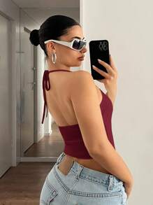 SHEIN ICON Áo ba lỗ cổ yếm ôm sát màu trơn dành cho nữ - Màu Đỏ Sâu - Xem 2