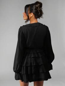 MISSGUIDED Chiffon Mini Dress With Balloon Sleeves Ruffle Layered Tiered Skirt Victorian Style Fall Winter Party Occasion Wear - Black - View 2