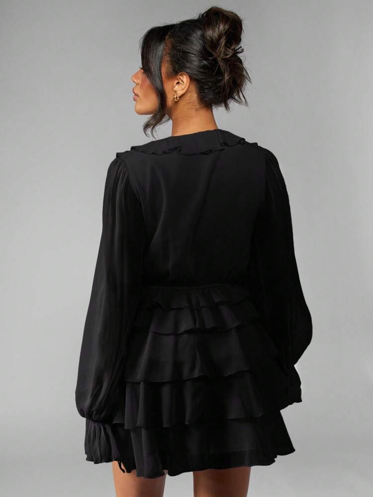 MISSGUIDED 풍선 소매, 러플 레이어드 티어드 스커트가 있는 쉬폰 미니 드레스, 빅토리아 스타일의 가을 겨울 파티 행사복