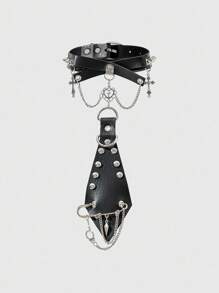 ROMWE Grunge Punk Punk Rock Style Rivet Chain Metal Heart & Cross Bracelet, Unisex Tie Clip, Goth Dark Style Accessories, Unique Personalized Jewelry - Black - View 1