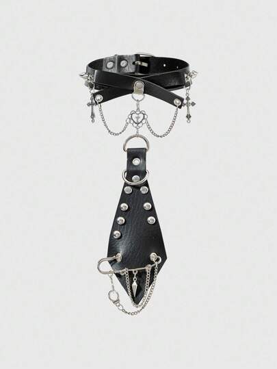 ROMWE Grunge Punk Punk Rock Style Rivet Chain Metal Heart & Cross Bracelet, Unisex Tie Clip, Goth Dark Style Accessories, Unique Personalized Jewelry