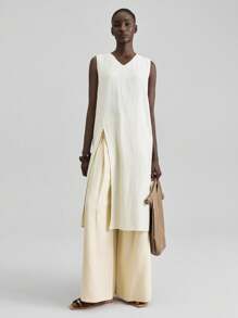 Ontre 夏季无袖休闲纯色开衩上衣 - 卡其色 - 查看 8