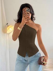 SHEIN Tall Áo ba lỗ hở lưng thanh lịch, đi làm văn phòng, đa năng, có lót dành cho nữ, mùa hè - màu nâu - Xem 3