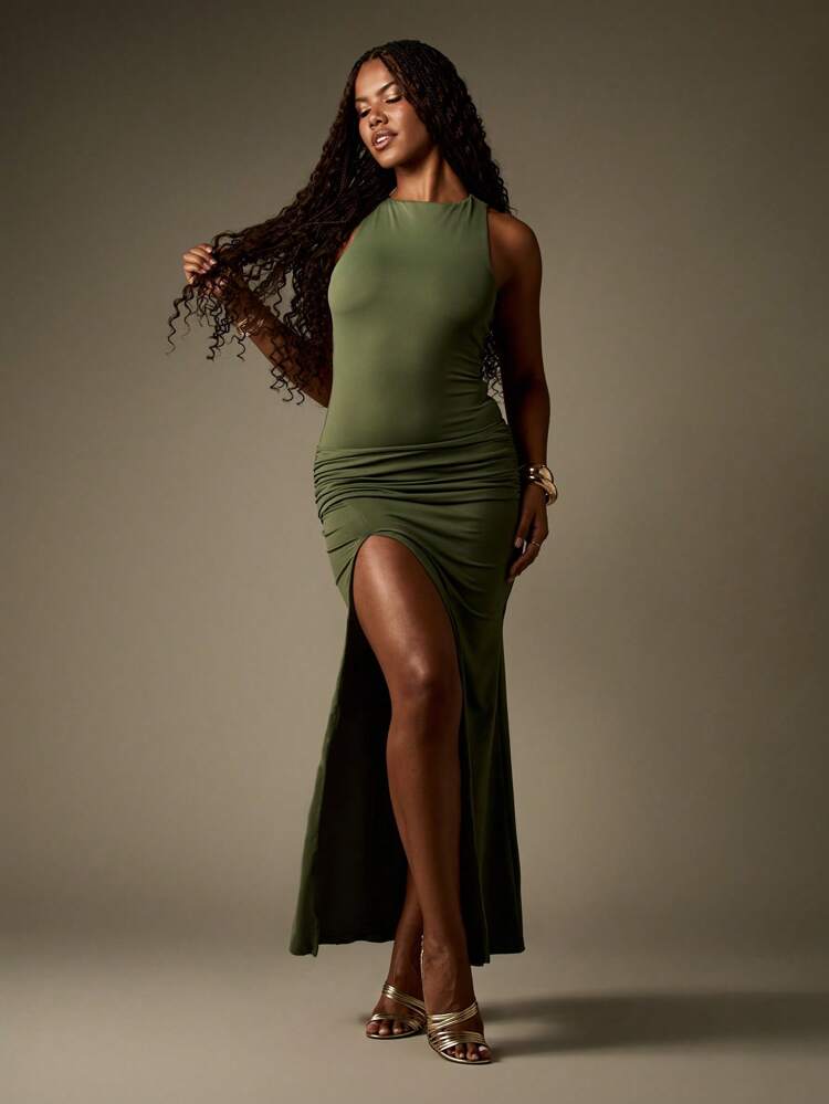MISSGUIDED Robe de soirée maxi fendue sur le côté, robe moulante en jersey à encolure ras-du-cou et froncée. Robe de soirée longue pour occasions spéciales, tenue d'invitée de mariage, Noël