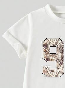 SHEIN 两件套数字迷彩印花休闲时尚套装，女童短袖上衣和运动裤套装 - 彩色 - 查看 4