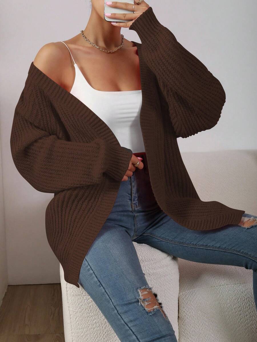 Chiquease Áo khoác cardigan dài tay màu trơn rộng rãi thời trang thường ngày đa năng dành cho nữ - màu nâu - Xem 1