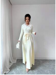 Elenzga Vestido decorativo floral 3D elegante - Albaricoque - Ver 3