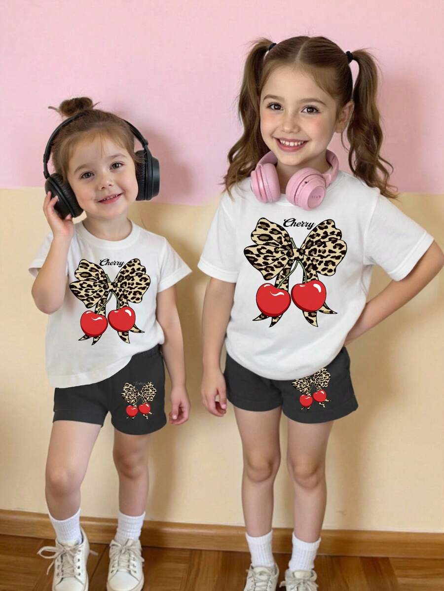 SHEIN 2pcs Girls Casual Stylish Cute Cartoon Contrast Color Blue Rabbit Pattern Letter Print T-Shirt And Shorts Set Sibling Outfits Matching Outfits (2 Sets Pieces Are Sold Separately) - Multicolor - View 1
