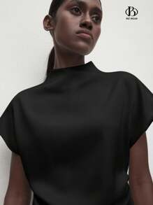 BizChic 女士黑色直领肩袖衬衫，基本款都市通勤风格，简约优雅时尚商务休闲，适合办公室、教师、婚礼嘉宾、音乐会 - 黑色 - 查看 4