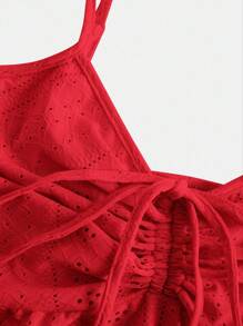 SHEIN EZwear Plus Size Women Drawstring Front Floral Embroidery Camisole Tank Top - Red - View 4