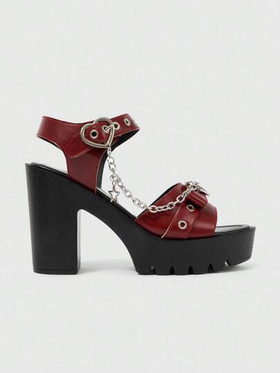 Grunge Punk Women's Elegant Fashion Heart & Star Metal Chain Design High Heel Sandals, Waterproof Platform Punk Style Round Toe Wine Red Roman Sandals, Suitable For Party, Daily Wear, Evening Dress, Height Increasing And Leg Lengthening, Comfortable Versatile High Heels