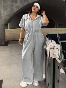 SHEIN EZwear 大码女式纯色短袖前拉链宽松休闲连帽衫连体裤 - 灰色 - 查看 5