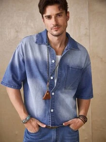 Manfinity Homme Casual Washed Blue Short Denim Jacket, Spring/Summer - Blue - View 4