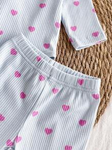 4pcs Newborn Soft Comfortable Blue Textured Fabric Cute Heart Print Long Sleeve Romper, Pants, Headband & Swaddle Blanket Set, Baby Clothing