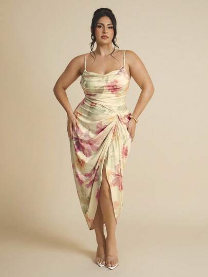 SHEIN BAE Women's Plus Fall Regular/Festival/Date/Party V-Neck Slit Color Block Tie Dye Printed Dress, Wedding Guest Dress,Birthday Dresses For Women/ Plus Size Vacation Dresses/ Plus Size Resort Wear/ Curvy Fall Dresses/ Ruched Plus Size Dress/ Plus Size Floral Dress/Curve/Fall Clothes Plus Size/Halloween/Homecoming/Christmas/Going Out /Birthday Dresses For Women/Western Wear Women/Dresses For Women Party,Wedding Guest Dress Women,Fall Clothes For Women