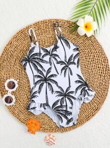 SHEIN 1 件女孩小女孩棕榈树印花细肩带连体泳衣，家庭装妈妈和我（4 件单独出售）