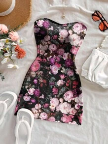 Soleia 女士休闲复古花卉图案短款短款迷你连衣裙，适合夏季度假 - 黑色 - 查看 4