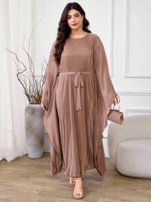 Al Najma 大码女式优雅纯色蝙蝠袖阿拉伯风格连衣裙 - 卡其色 - 查看 5