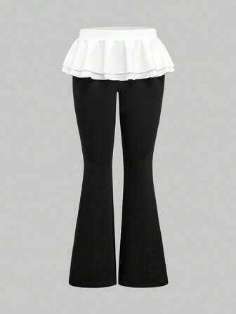 Pantalones ajustados con vuelo y dobladillo con volantes con empalme en la cintura para mujer