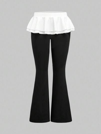 Pantalon évasé moulant avec volant à la taille et à l'ourlet pour femmes