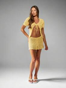 MISSGUIDED Cardigan de crochê com amarração frontal, saída de praia estilo boho, suéter de malha, roupa de praia para festivais de verão, resort, férias, moda primavera - Amarelo - Ver 3