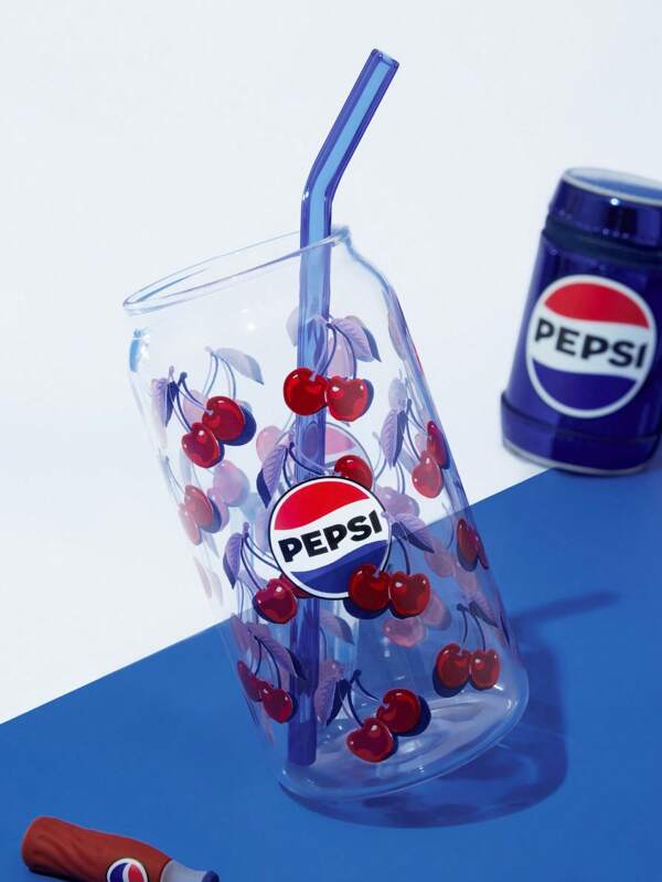 PEPSI X SHEIN 1 pieza Vaso de 500ml/17.6oz con diseño de cereza y pajita, cepillo de limpieza (sin tapa), resistente al calor y al frío, apto para leche, jugo y talla grande