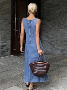 DAZY 西部牛仔风流苏腰部A字喇叭裙摆休闲度假夏季连衣裙，女士吊带长裙 - 藍色 - 查看 2