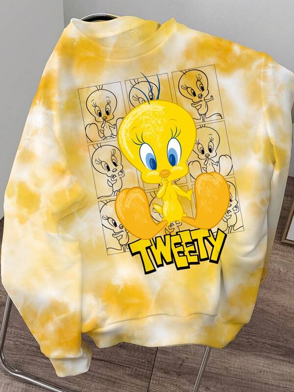 LOONEY TUNES X SHEIN Sudadera holgada con hombros caídos y estampado de teñido anudado con dibujos animados y letras, para primavera/otoño