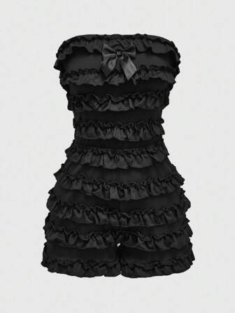 Grunge Punk Y2K Grunge Aesthetic Black Solid Multi-Layer Ruffle Trim Mini Playsuit, Plus Size
