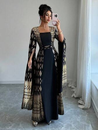 Rafferiza Fashionable, Simple, Elegant And Atmospheric Square-Neck Fairy Long Sleeve Black And Gold Hot Stamping Printed Long Skirt, Spring And Autumn Fall Cloth For Women