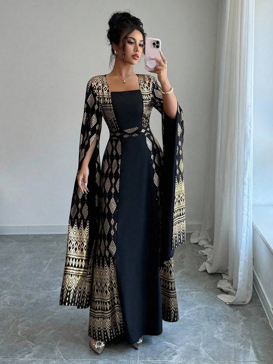 Rafferiza Fashionable, Simple, Elegant And Atmospheric Square-Neck Fairy Long Sleeve Black And Gold Hot Stamping Printed Long Skirt, Spring And Autumn Fall Cloth For Women - Black - View 1