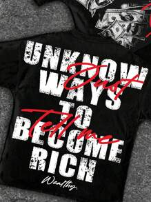 SHEIN Maglietta casual alla moda per ragazzi adolescenti, con grafica di ritratto avvolto in banconote, maglietta a maniche corte con collo tondo e stampa di slogan classica e stilosa, adatta per l'estate