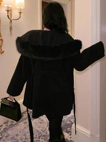 DAZY Women's Elegant Collar Belt Overcoat, Autumn/Winter Jacket - Black - View 2