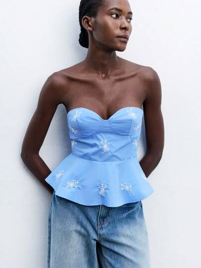 Maija Women's Ruched Hem Floral Embroidered Bandeau Top, Elegant For Urban Commute, Business, Casual, Beach