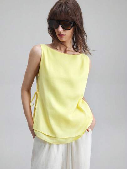 Ontre 2025 女士休闲纯色系带吊带背心，都市通勤，优雅时尚，简约百搭，宽松舒适，蝴蝶结吊带商务休闲衬衫上衣