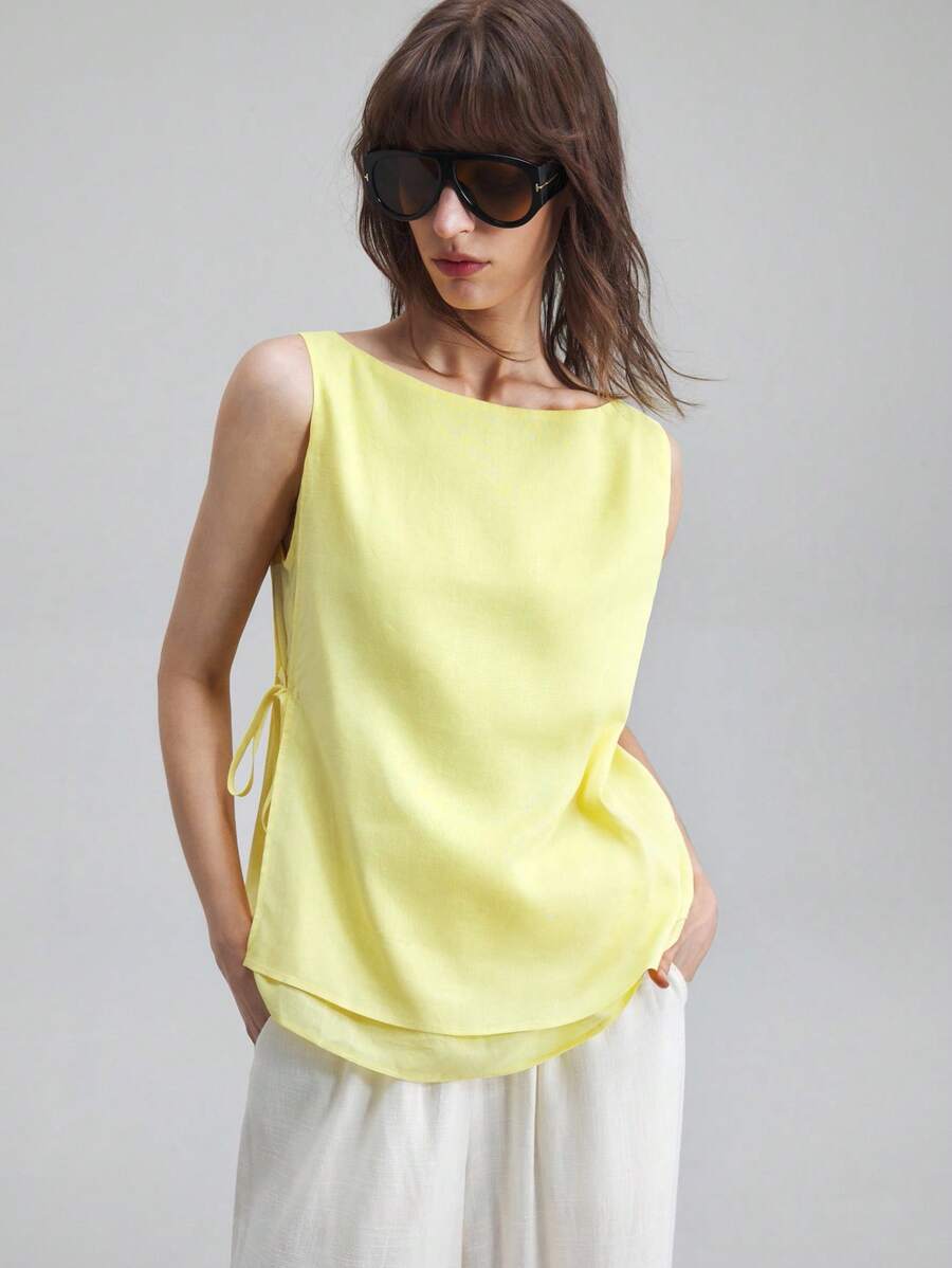 Ontre 2025 女士休闲纯色系带吊带背心，都市通勤，优雅时尚，简约百搭，宽松舒适，蝴蝶结吊带商务休闲衬衫上衣 - 黃色 - 查看 1