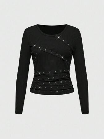 Grunge Punk Camiseta sexy de cuello de pico bajo, sin mangas, con tira de remaches y strass, para festival de música punk rock