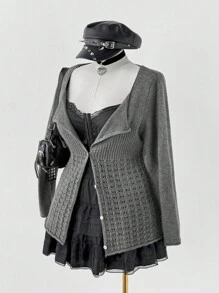 Sunspun 大码纯色复古钩针纽扣开衫 - 灰色 - 查看 5