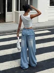 Muchica 女士背包扣腰带褶皱阔腿宽松牛仔裤 - 藍色 - 查看 2