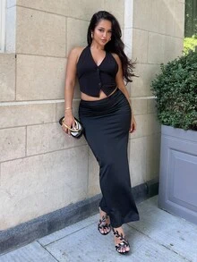 NegzBox Ruched Split Thigh Party Women Black Skirt - Black - View 5