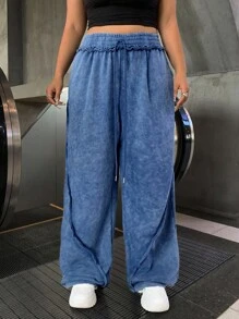 SHEIN EZwear 海军蓝直筒宽松休闲阔腿大码裤，下摆磨损 - 藏蓝色 - 查看 5