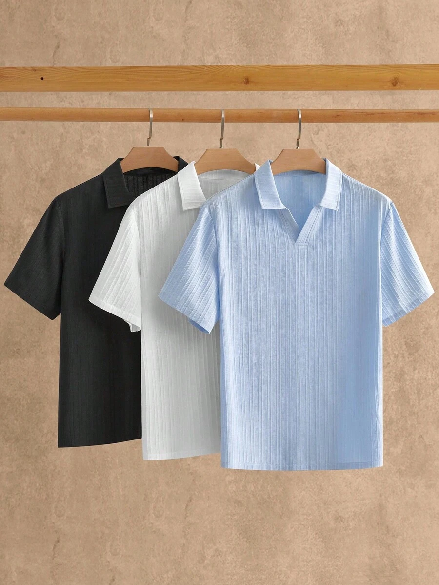 HIMLAND 3pcs Pack Men's Minimalist Silky Short Sleeve Polo Shirt, Summer Collared Shirts Men Shirts Cropped Shirts Boxy Shirts Unisex Shirts, Men's Knit Polo, Ribbed Polo Shirt Men, Johnny Collar Polo, Textured V-Neck Shirt, Men's Summer Business Casual Top, Lightweight Pullover Polo, Minimalist Solid Color Polo, Waffle Knit Polo, Moisture-Wicking Golf Shirt, Men's Ribbed Knit Polo Shirt, Textured Short Sleeve With Johnny Collar, Modern Fit Business Casual Pullover Tee Men Collared Shirts, Old Money