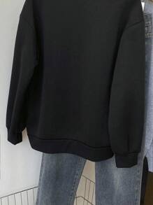 SHEIN Sudadera holgada con cuello en V y parches de encaje para mujer, para otoño - Negro - Ver 4
