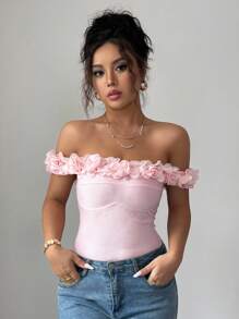 SHEIN Elenzya 女士花卉罗纹短袖紧身吊带背心，优雅浪漫，适合节日、毕业典礼、独立日 - 粉色 - 查看 1
