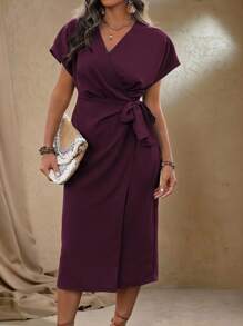 Roveilla 加大码女式纯色简约日常短袖连衣裙，适合圣诞节勃艮第酒红色长款女装 - 酒紅色 - 查看 5