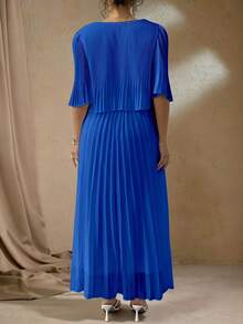 Elenzga Plus Size Solid Color Elegant Lady-Like Chiffon Pleated Dress, Spring/Summer Fall - Royal Blue - View 2