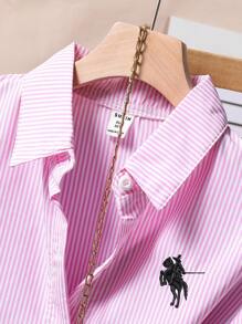 Sparklyn 1 件女童翻领长袖纽扣条纹衬衫，正面绣有图案，秋季休闲上衣 - 粉色 - 查看 5