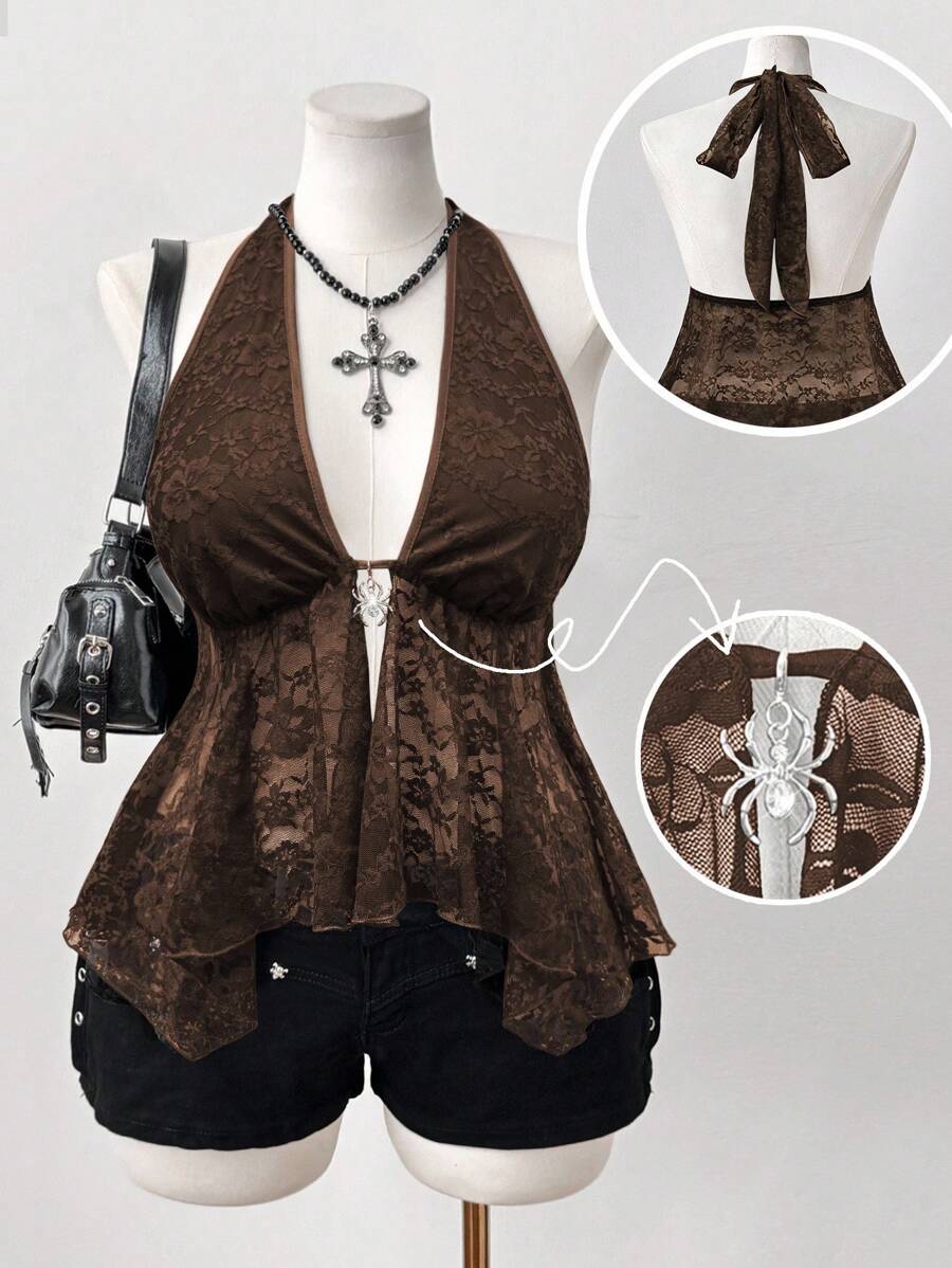 Sunspun Áo hai dây hở vai dáng chữ A bất đối xứng họa tiết nhện xuyên thấu họa tiết Punk Retro thường ngày dành cho nữ cỡ lớn - Cà phê nâu - Xem 1